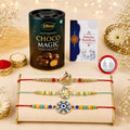 Peacock Rakhi for Brother with Chocolate Magic 96gm, Roli Tikka & Card, Pack of 7
