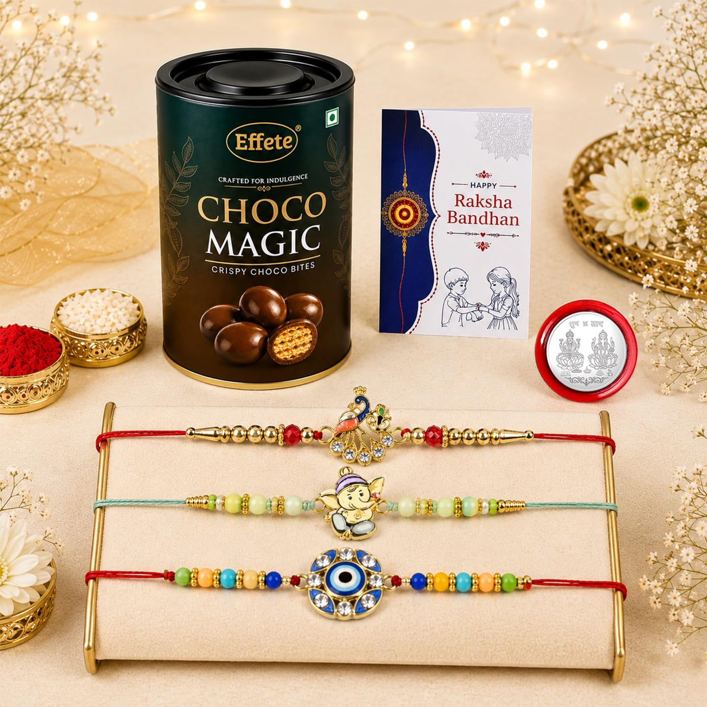 Peacock Rakhi for Brother with Chocolate Magic 96gm, Roli Tikka & Card, Pack of 7