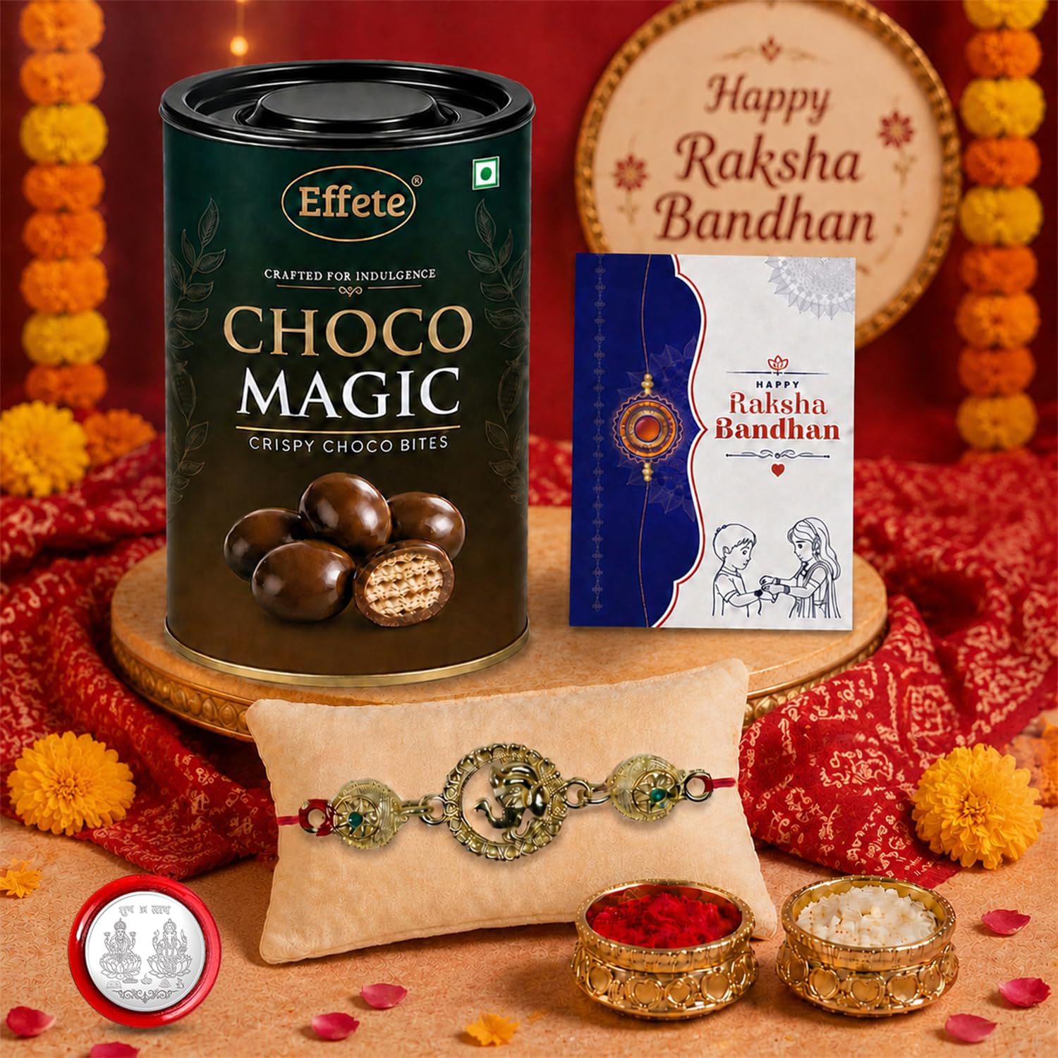 Ganesh Ji Rakhi for Brother with Choco Magic 96gm, Roli Chawal & Card | Pack of 5
