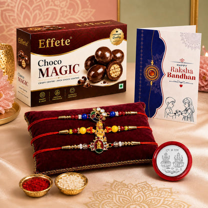 Rakhi with Chocolate for Brother (Set of 7) – Raksha Bandhan Festival Celebration Pack with Hanuma, Oval & Peacock Shape Rakhi, Chocolate, Roli Chawal, Silver Color Coin & Greeting Card