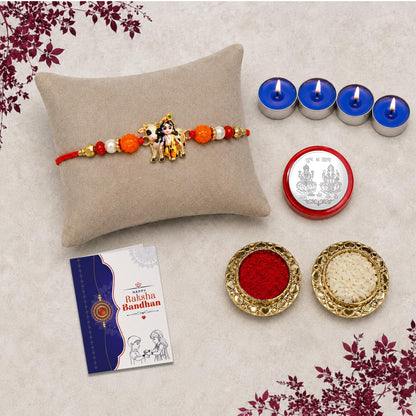 Krishna Cow Rakhi Combo - Raksha Bandhan Gift with Tealight Candles 4pcs, Pack of 5