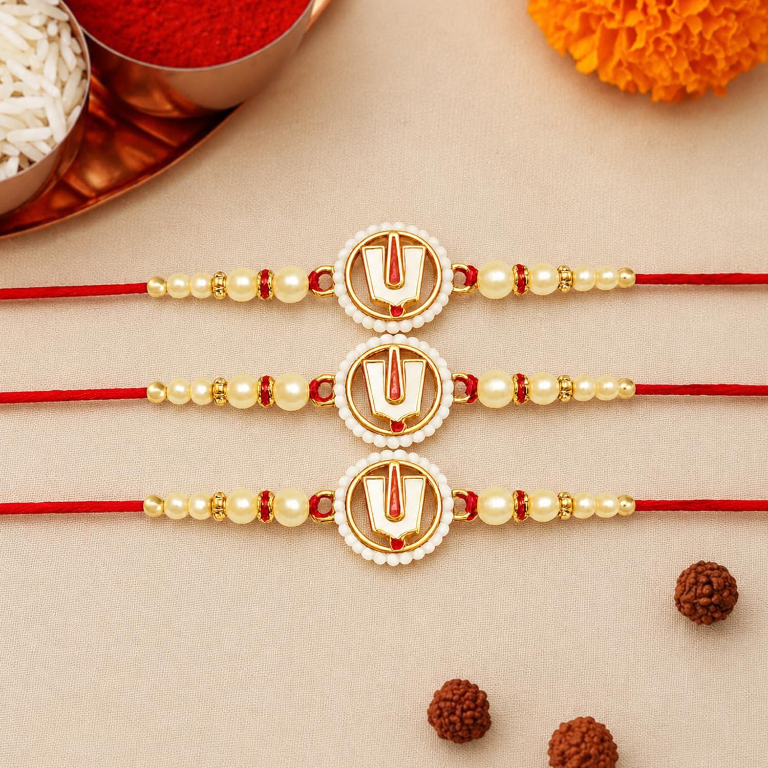 Designer Elegant Handcrafted Rakhi for Brother with Roli Tikka & Card, Pack of 3