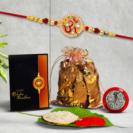 Rakhi combo Gift For Brother With Center Filled Chocolates | Golden Color Swastik Rakhi | New Rakhi | Rakhi Gift Pack For Sister | Rakhi Set Of 1| With Greeting Card,Roli-Chaval,Coin