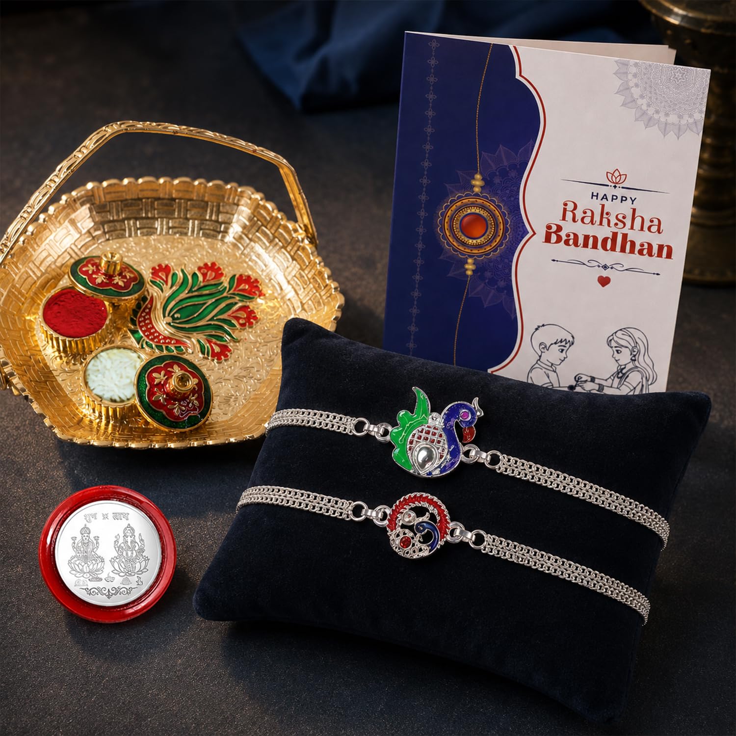 Multicolor Peacock, Peacock Bracelet/Rakhi & Basket-Topli Pooja Thali with Silver Color Pooja Coin, Tikka/Tilak Set & Greeting Card, Rakhi Gift Hamper (Pack of 6) For Raksha Bandhan