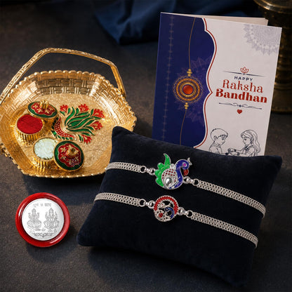 Multicolor Peacock, Peacock Bracelet/Rakhi & Basket-Topli Pooja Thali with Silver Color Pooja Coin, Tikka/Tilak Set & Greeting Card, Rakhi Gift Hamper (Pack of 6) For Raksha Bandhan