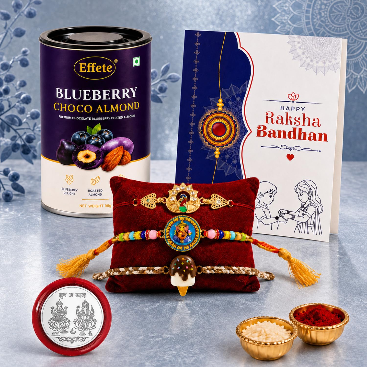 Ganesh Rakhi for Brother with Blueberry Almond 96gm, Roli Tikka & Card, Pack of 7