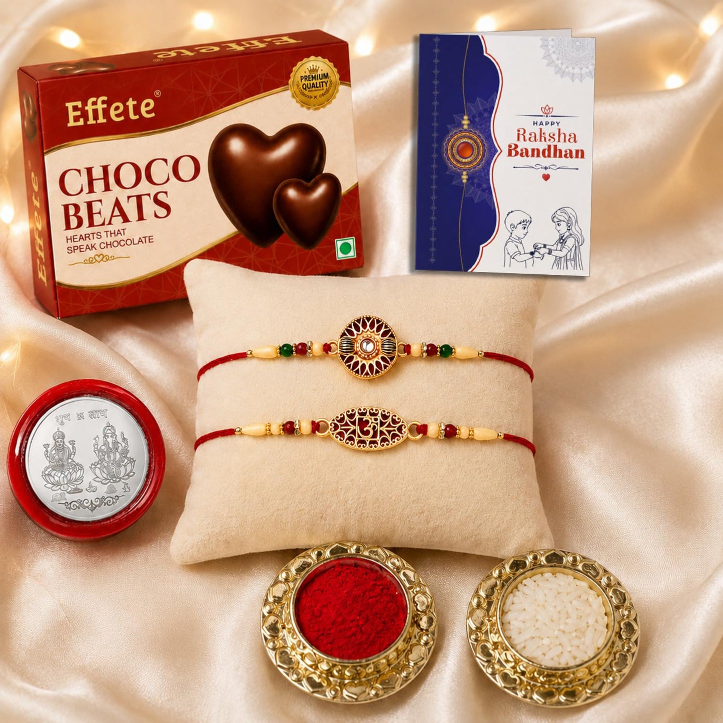 Round Rakhi for Brother with Chocolate Beats 32gm, Roli Tikka & Card, Pack of 6