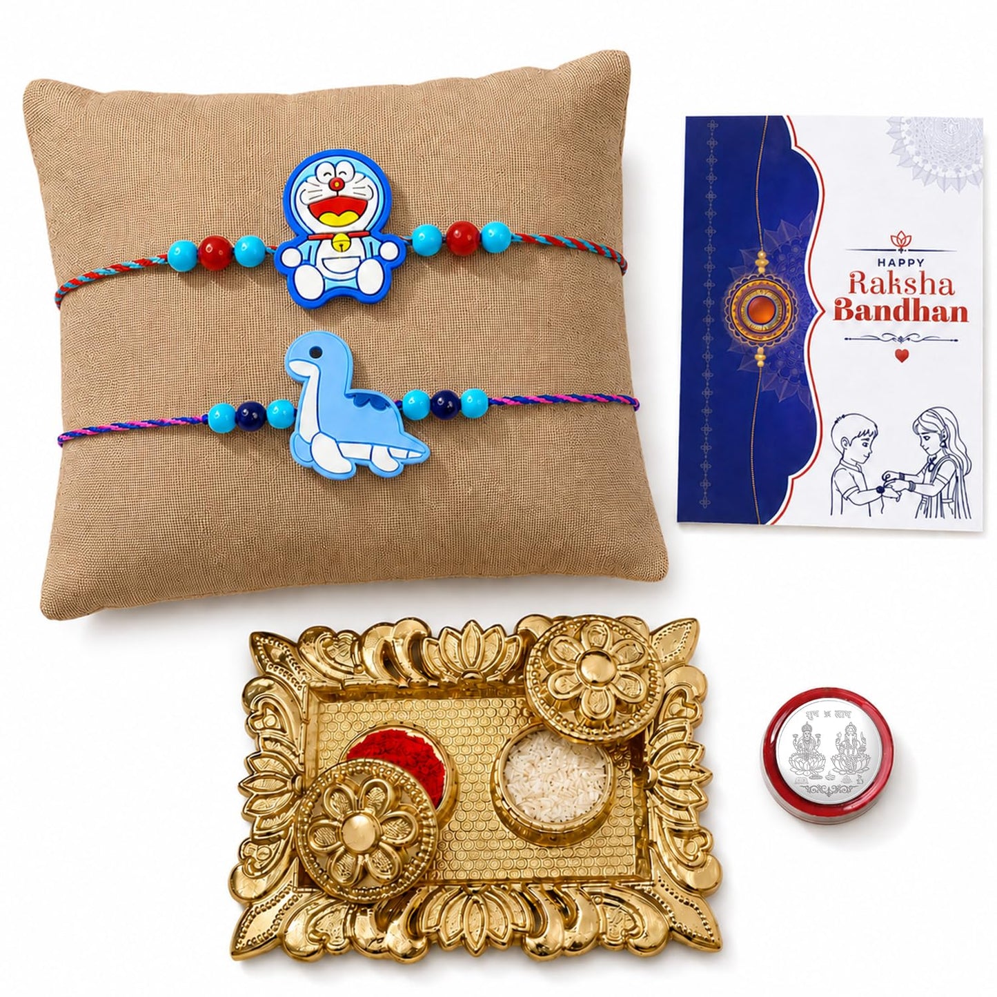 Cartoon Character Rakhi for Brother with Pooja Thali, Coin & Card, Pack of 6