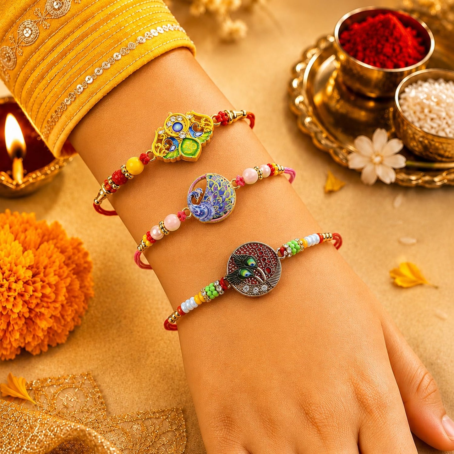 Designer Elegant Multicolor Trishul Rakhi for Brother with Roli Tikka, Pack of 6