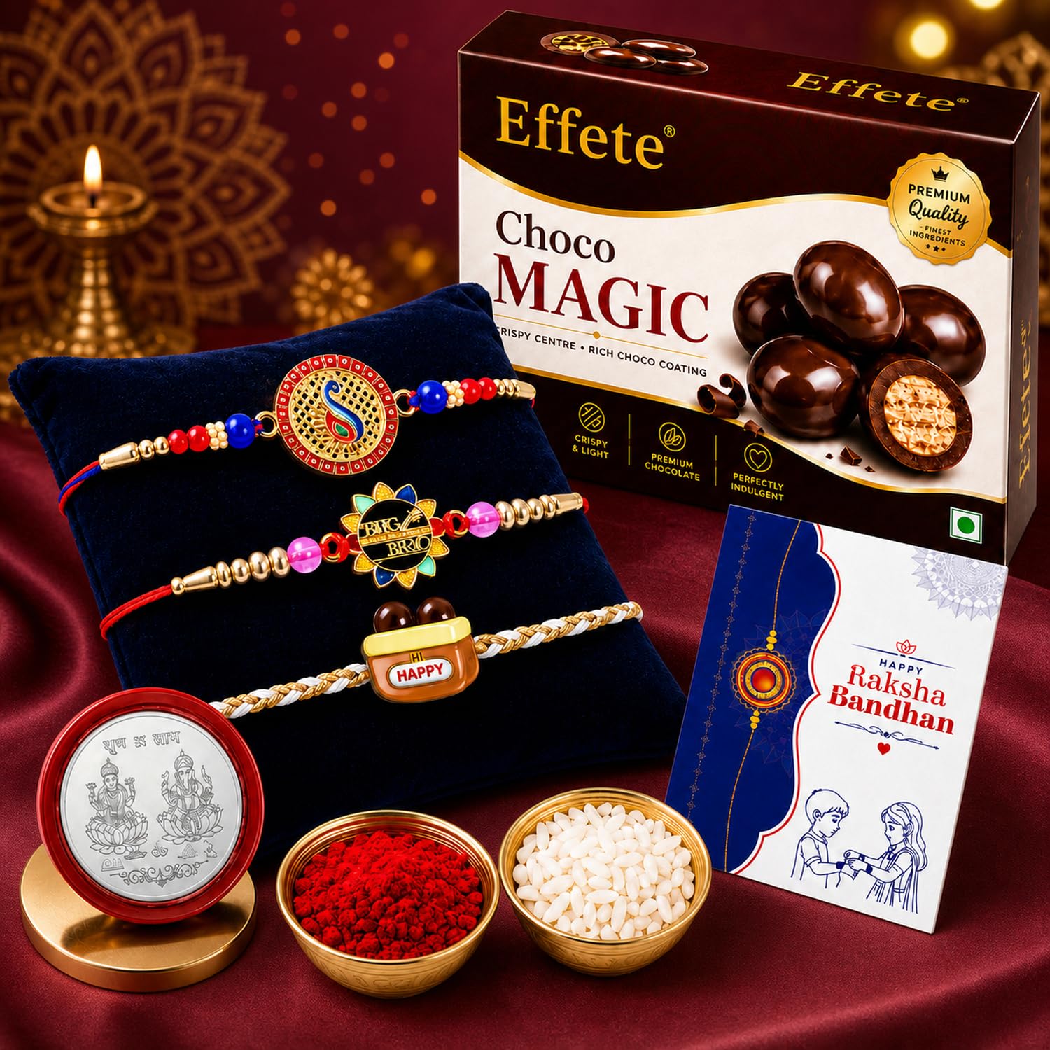 Happy Rakhi for Brother with Chocolate Magic 96gm, Roli Tikka & Card, Pack of 7