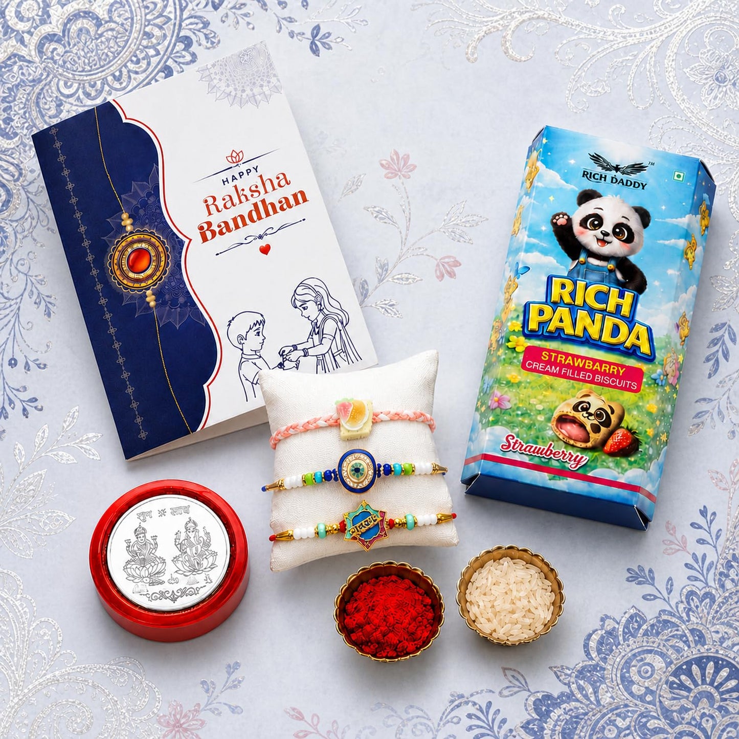 Food Rakhi for Brother with Strawberry Biscuit 60gm, Coin & Card | Pack of 7