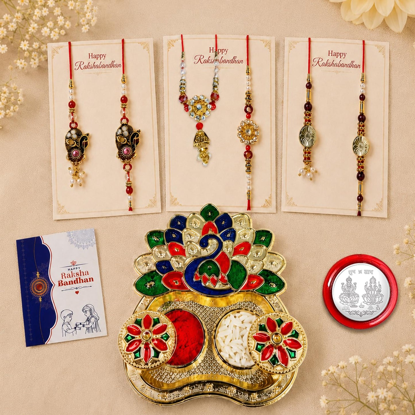 Multicolor Rakhi for Brother & Bhaiya with Peacock Shape Pooja Thali | Pack of 7