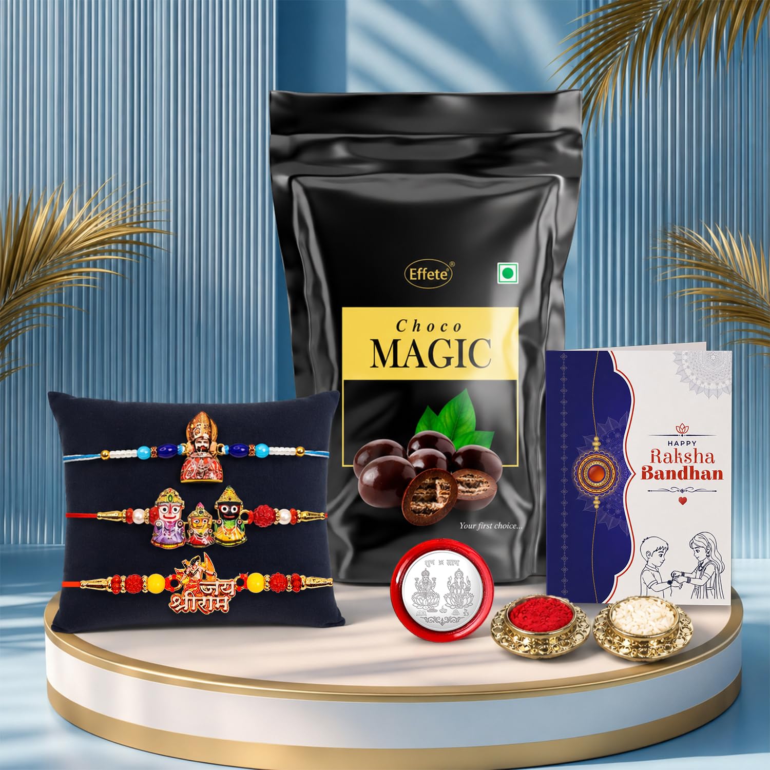 Shri Ram Rakhi Combo - Raksha Bandhan Gift with Choco Magic Standy Pouch, Pack of 7