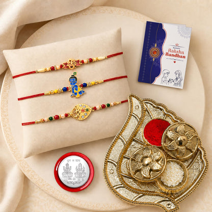 Ganesha Rakhi for Brother with Pooja Thali, Roli Tikka & Card - Pack of 7
