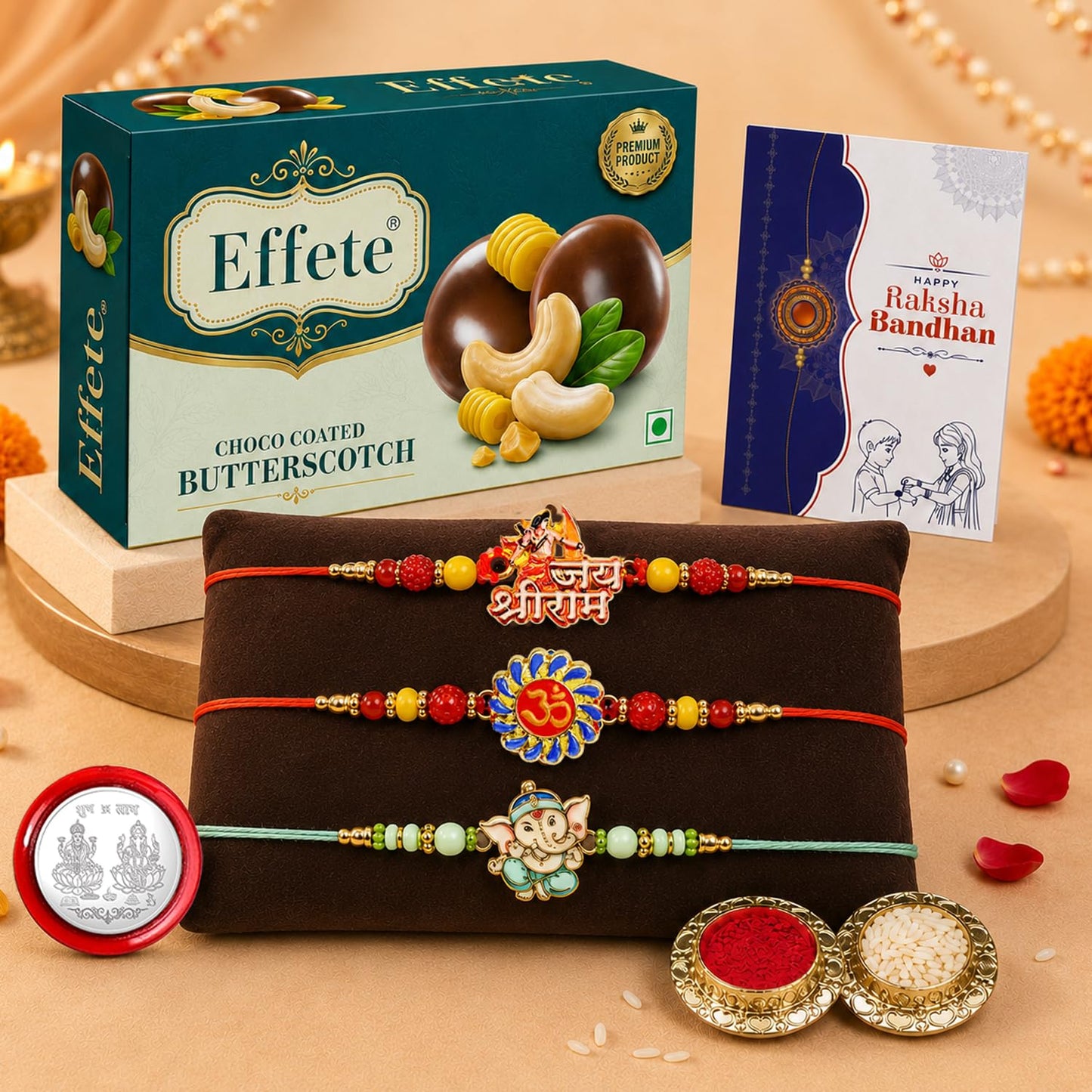 Jai Shree Ram Rakhi for Brother with Butter Scotch 32gm, Coin & Card, Pack of 7