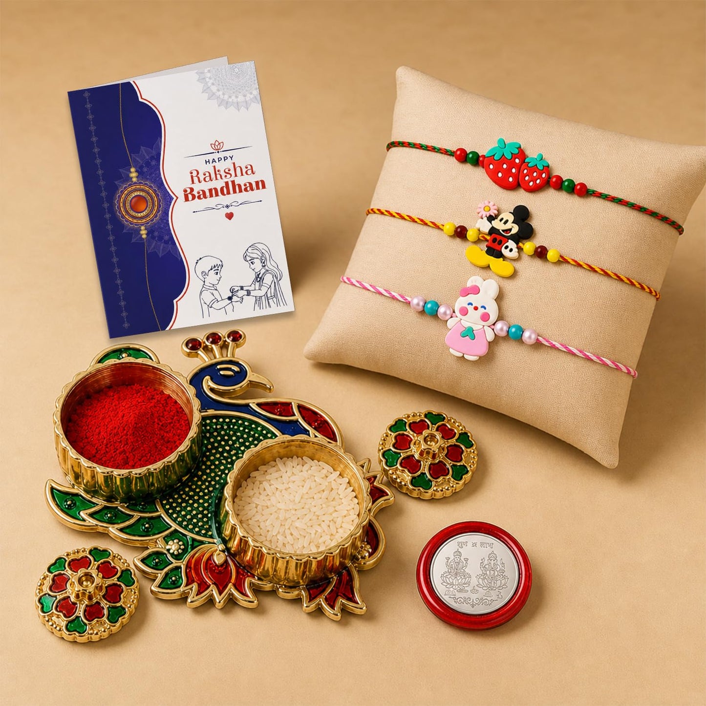 Fruit, Kids Multicolor Rakhi for Brother & Bhaiya with Peacock Shape | Pack of 7