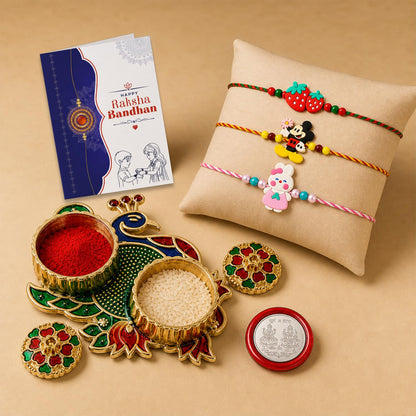Fruit, Kids Multicolor Rakhi for Brother & Bhaiya with Peacock Shape | Pack of 7