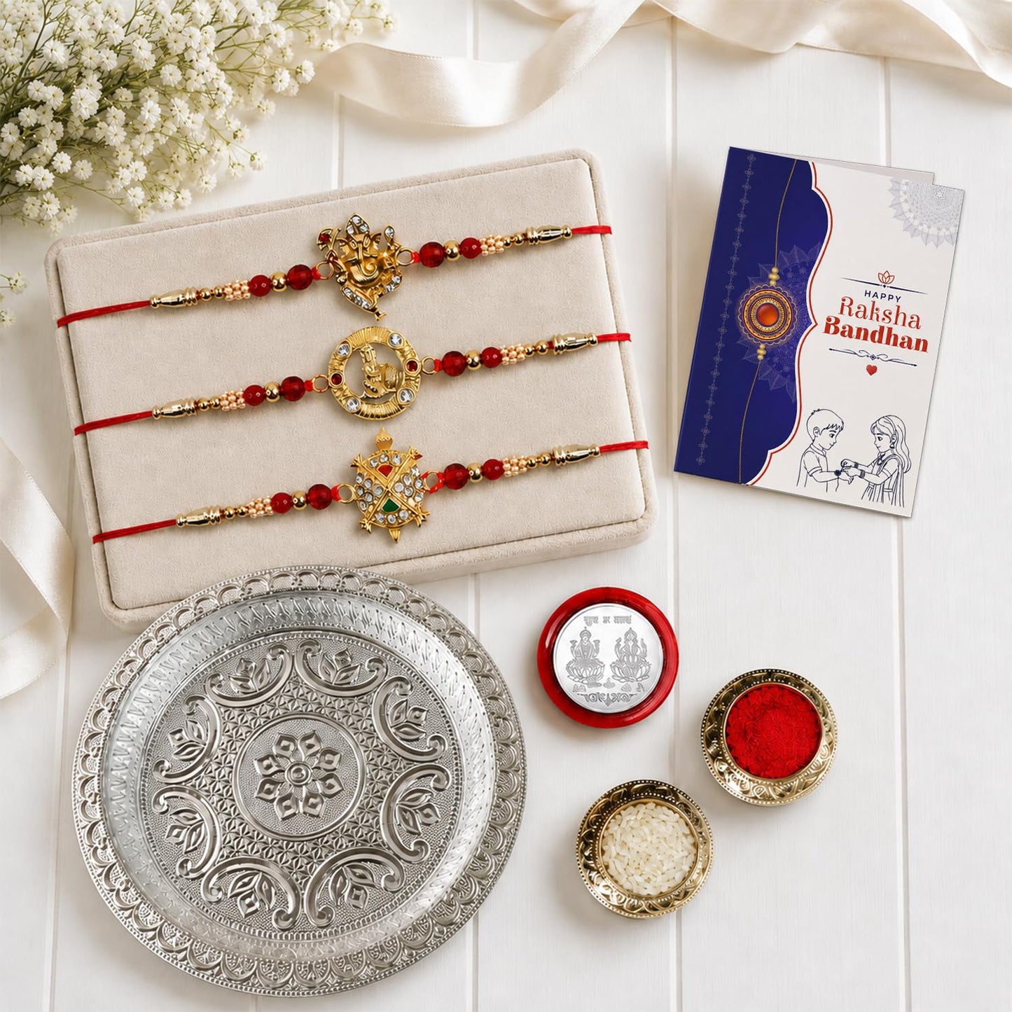 Ganesha Rakhi for Brother with Pooja Thali - Raksha Bandhan Gift Set, Pack of 7
