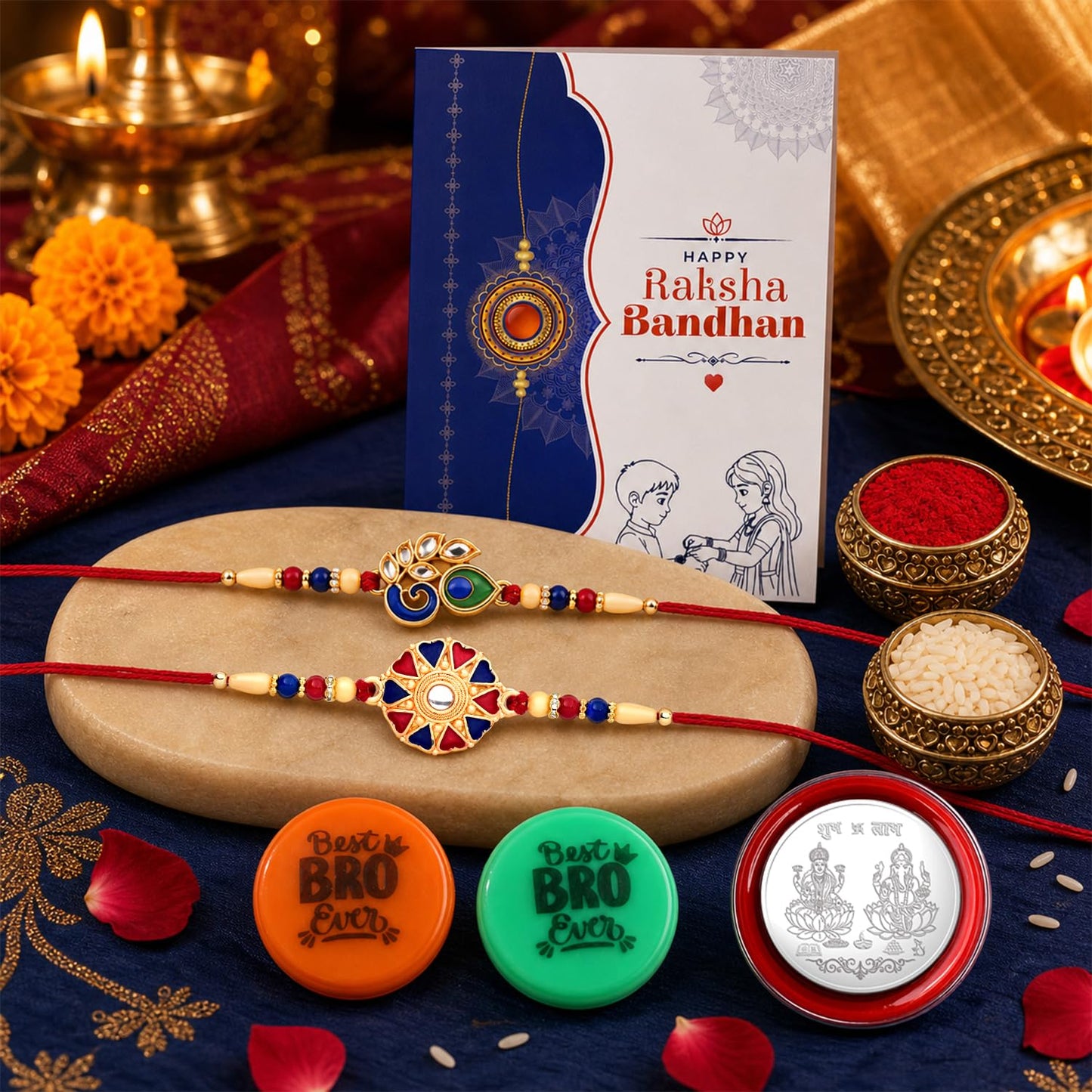 Rakhi Set for Brother (Set of 2) – Pecock & Round Design Rakhi Combo with Roli