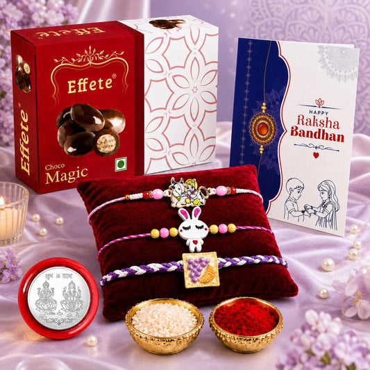 Rakhi with Chocolate for Brother (Set of 7) – Raksha Bandhan Festival Celebration Pack with Krishna, Kids & Food Style Rakhi, Chocolate, Roli Chawal, Silver Color Pooja Coin & Greeting Card