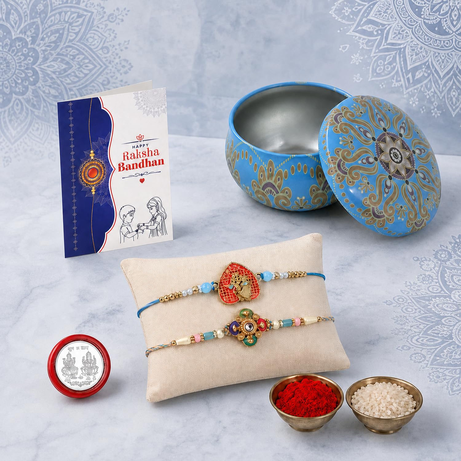 Floral Rakhi Combo - Raksha Bandhan Gift with Heart-Shape Organizer, Pack of 6 for Bhaiya