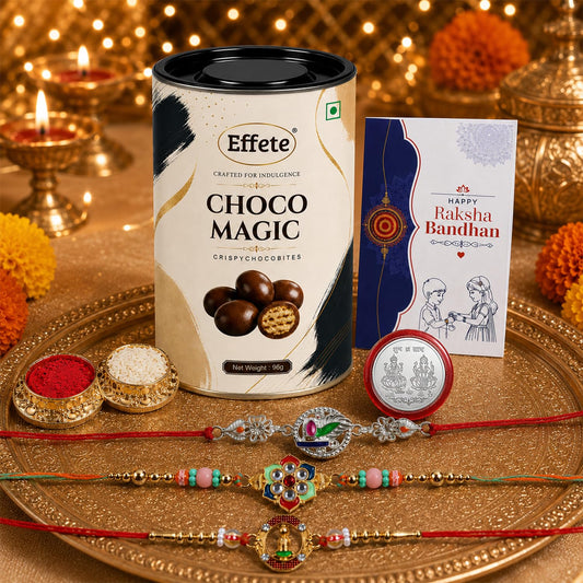 Kundan Rakhi for Brother with Chocolate Magic 96gm, Roli Tikka & Card | Pack of 7