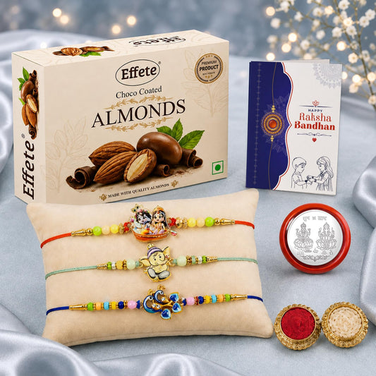 Radhe Krishna Rakhi Combo gift set with choco almonds and puja essentials