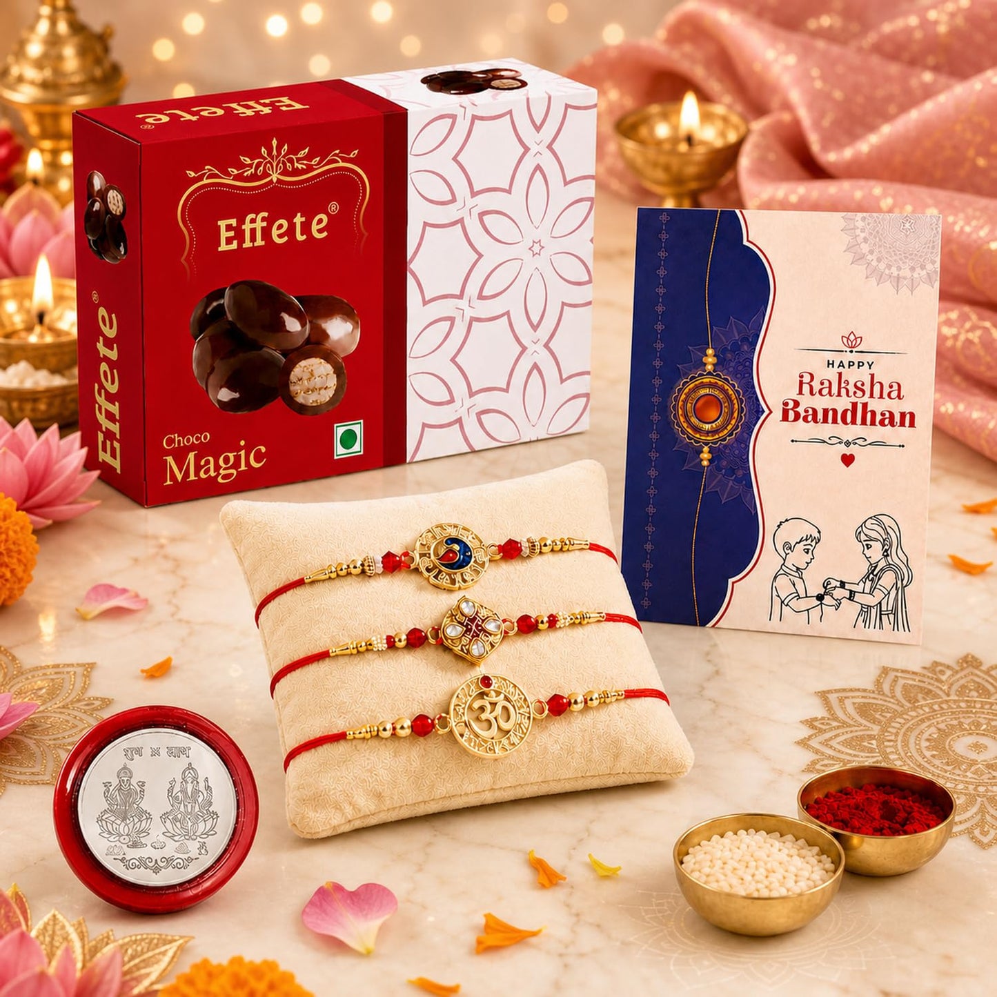 Kundan Rakhi for Brother with Chocolate Magic 32gm, Roli Tikka & Card, Pack of 7