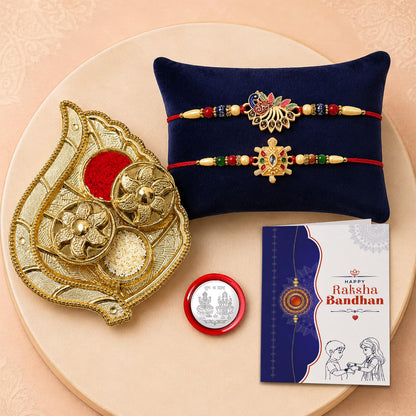 Peacock Rakhi for Brother with Pooja Thali, Roli Tikka & Greeting Card, Pack of 6