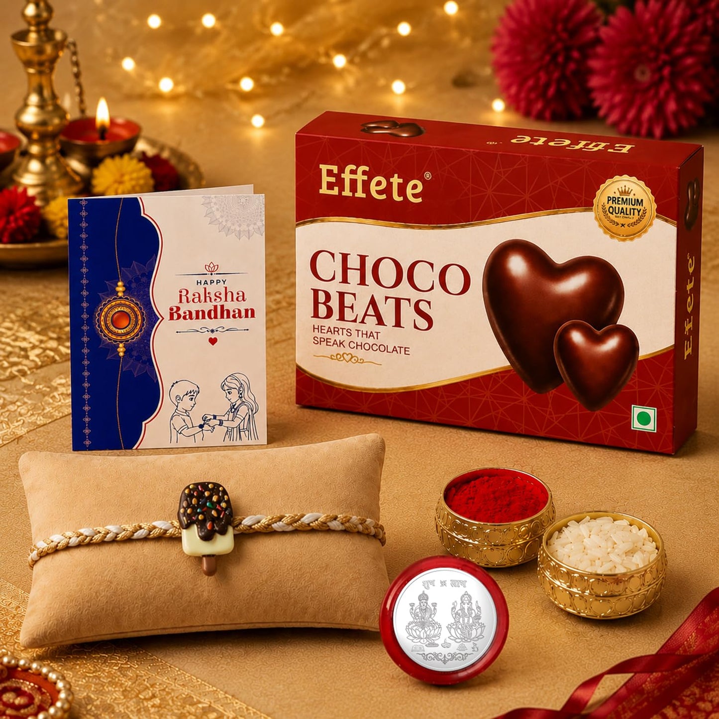 Ice Cream Rakhi for Brother with Choco Beats 32gm, Roli Chawal & Card, Pack of 5
