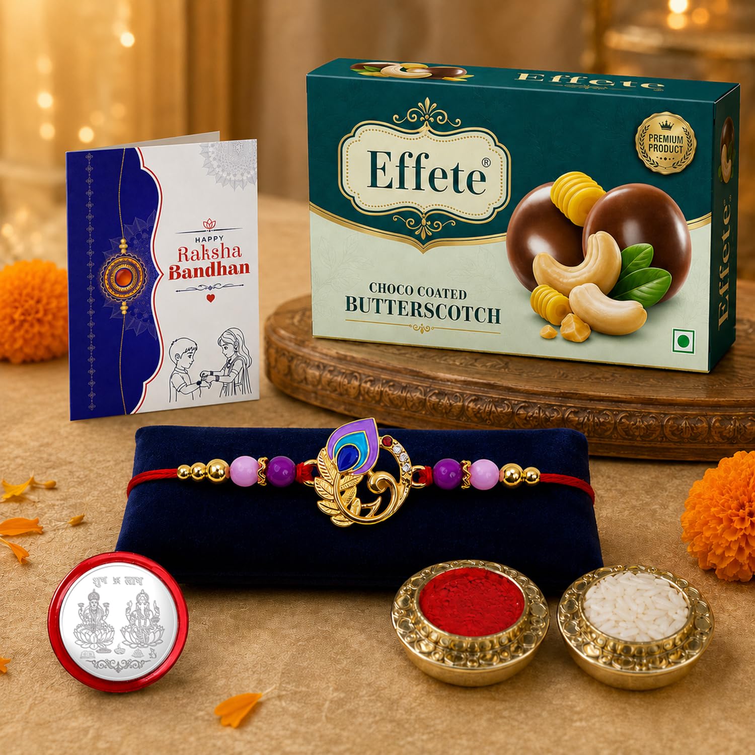 Elegant Mor Rakhi for Brother with Butter Scotch 32gm, Coin & Card, Pack of 5