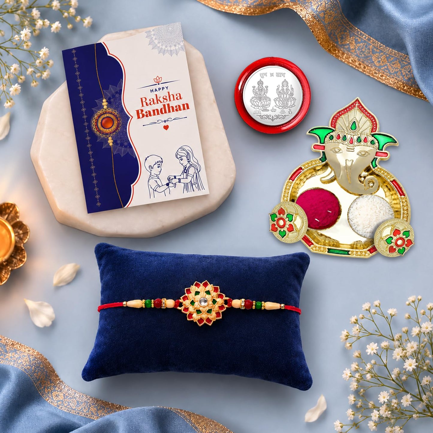 Ethnic Multicolor Flower Rakhi Combo for Bhaiya Bhai with Shri Ganesh | Pack of 5