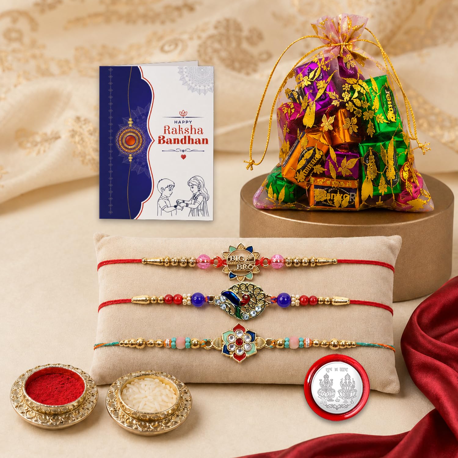 BIG Bro Rakhi for Brother with Assorted Treats, Roli Tikka & Card, Pack of 7