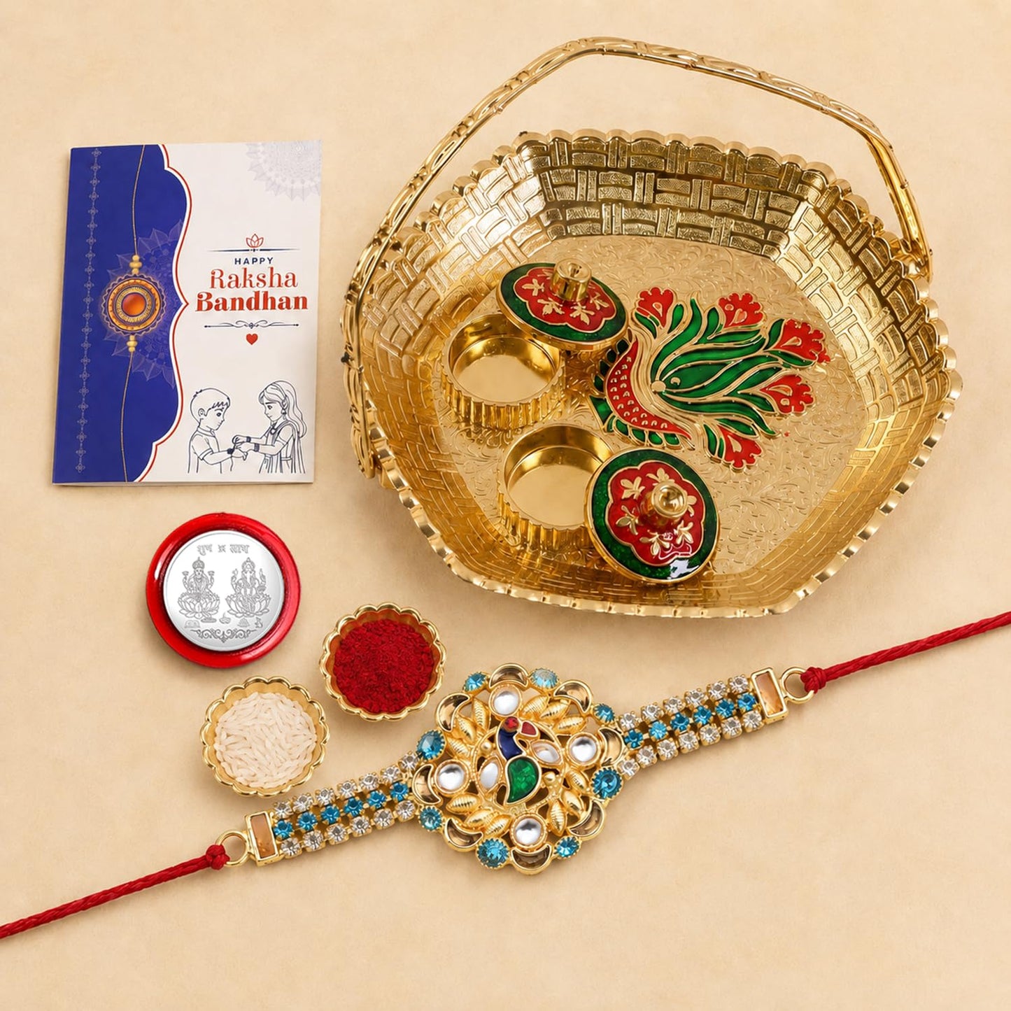 Bird Multicolor Rakhi for Brother & Bhaiya with Basket-Topli Pooja | Pack of 5