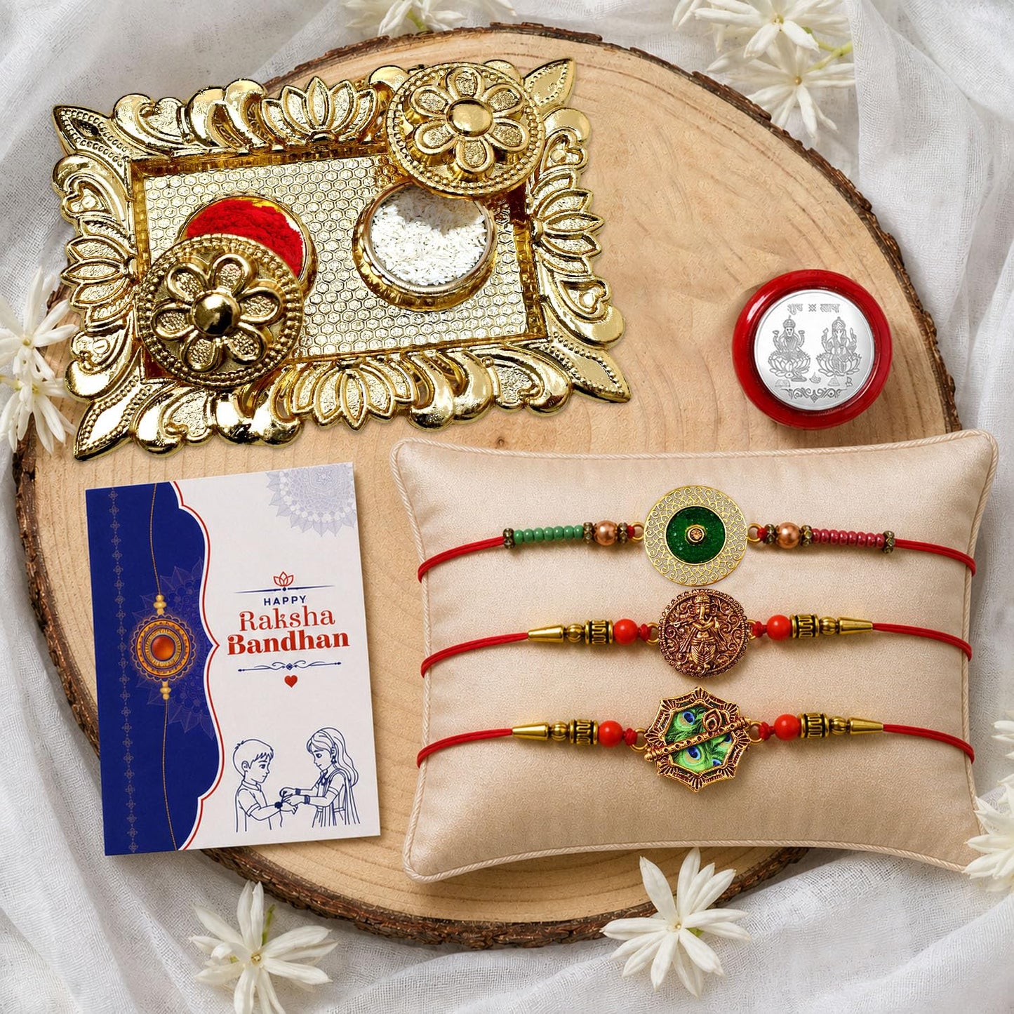 Round Rakhi for Brother with Pooja Thali, Roli Tikka & Greeting Card, Pack of 7