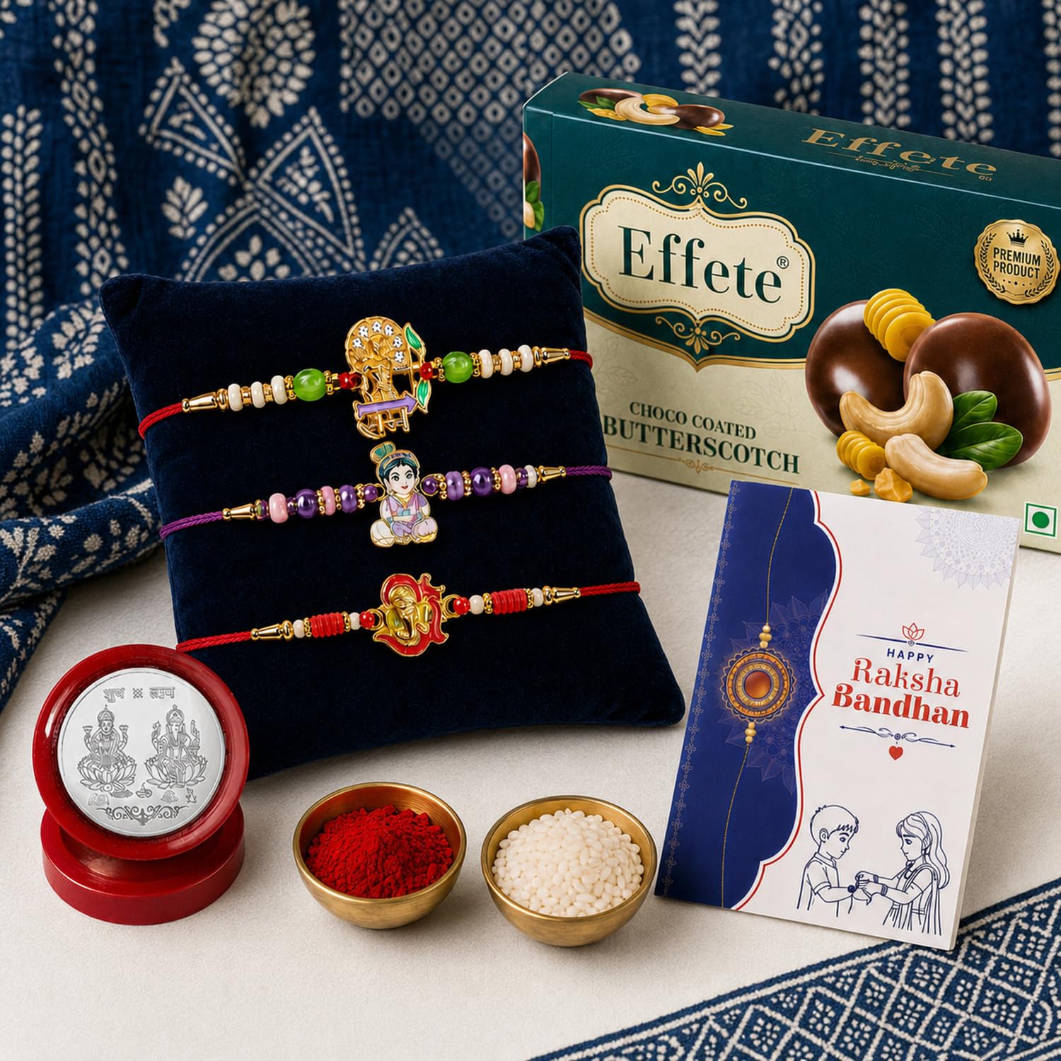 Ganesh Rakhi for Brother with Butter Scotch 32gm, Roli Tikka & Card, Pack of 7