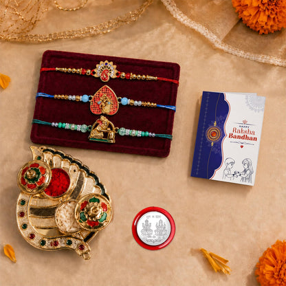 Flower, Radha Krishna, Ganesha Multicolor Rakhi for Brother & Bhaiya | Pack of 7