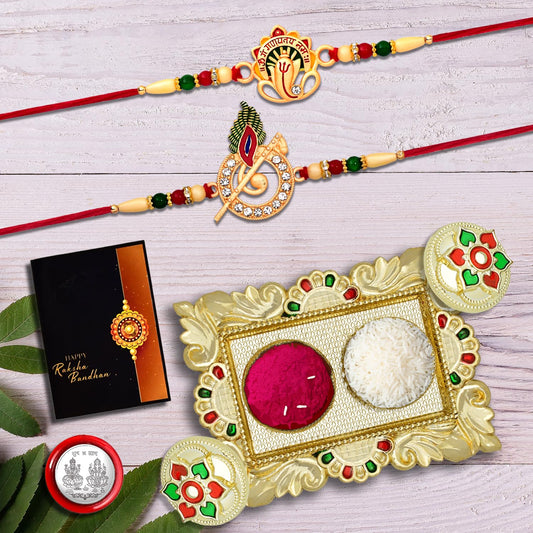 Complete Rakhi Combo Set with pooja coin, tilak set, and greeting card in gold color