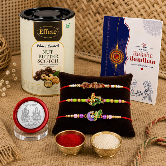 Rakhi with Chocolate for Brother (Set of 7) – Raksha Bandhan Festival Celebration Combo with Kids Brother, Leaf & Bird Shape Rakhi, Chocolate, Roli Chawal, Silver Color Coin & Greeting Card