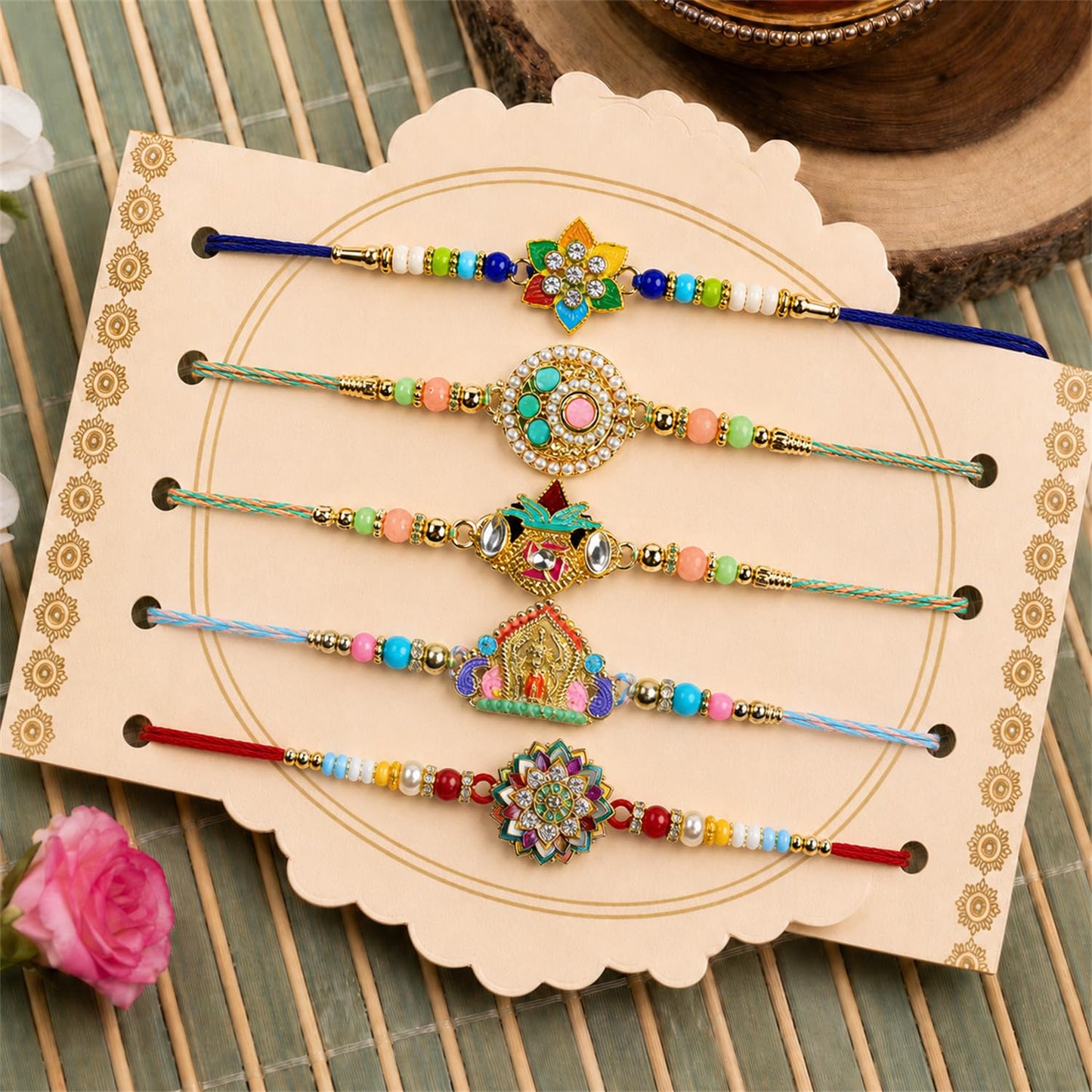 Handcrafted Artistic Rakhi for Brother with Roli Tikka & Greeting Card, Pack of 8