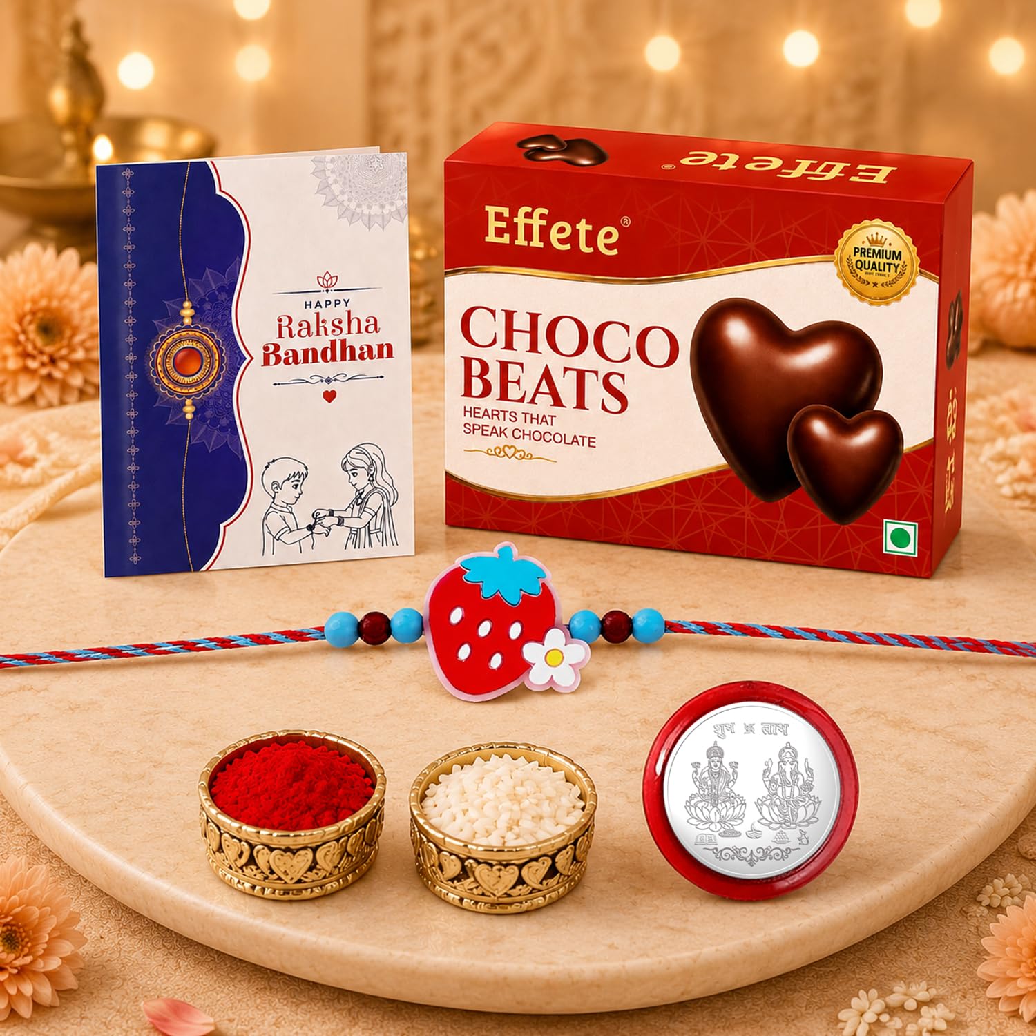 Strawberry Rakhi for Brother with Choco Beats 32gm, Roli Chawal & Card, Pack of 5