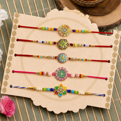 Elegant Gorgeous Rakhi for Brother with Roli Tikka, Pooja Coin & Card, Pack of 8