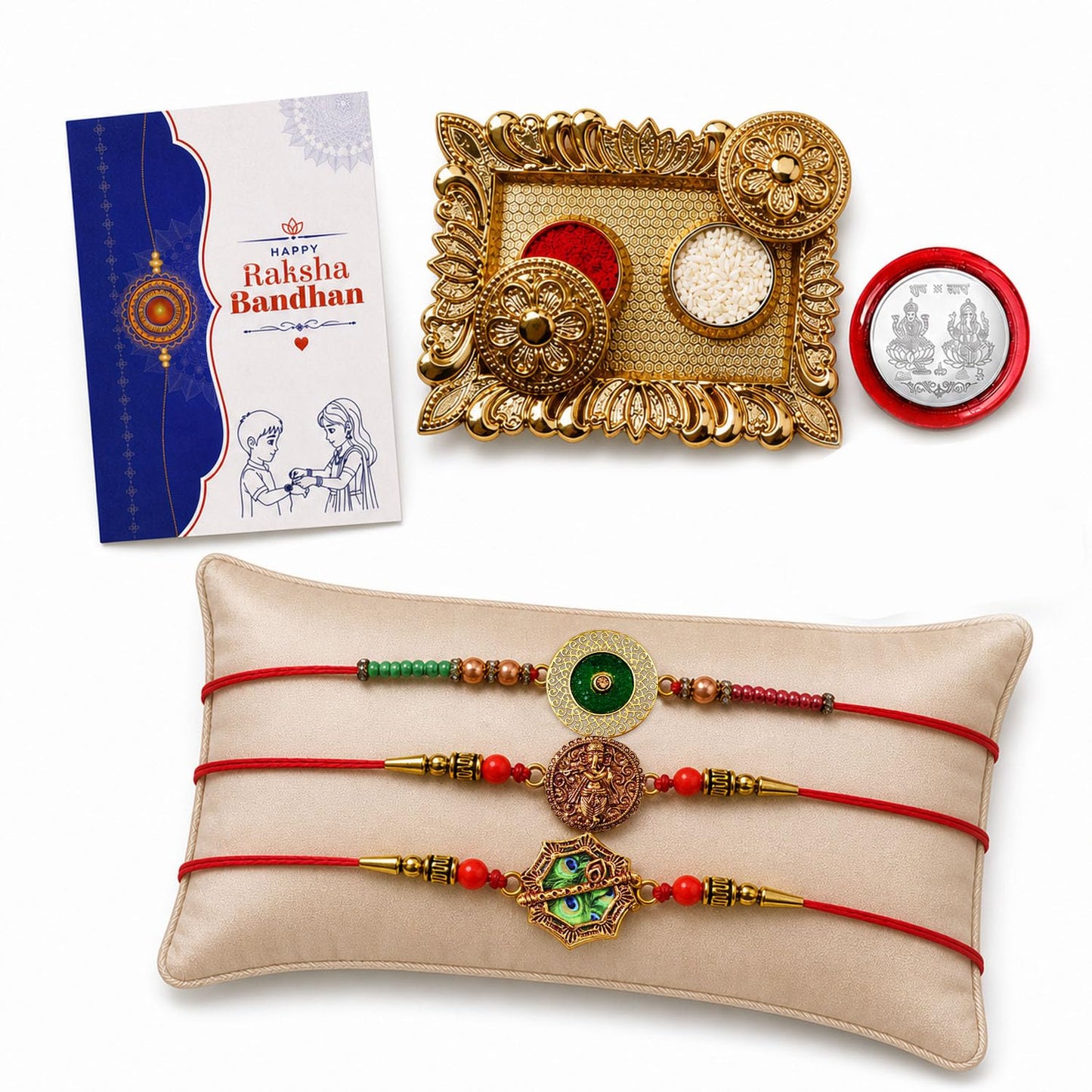 Round Rakhi for Brother with Pooja Thali, Roli Tikka & Greeting Card, Pack of 7