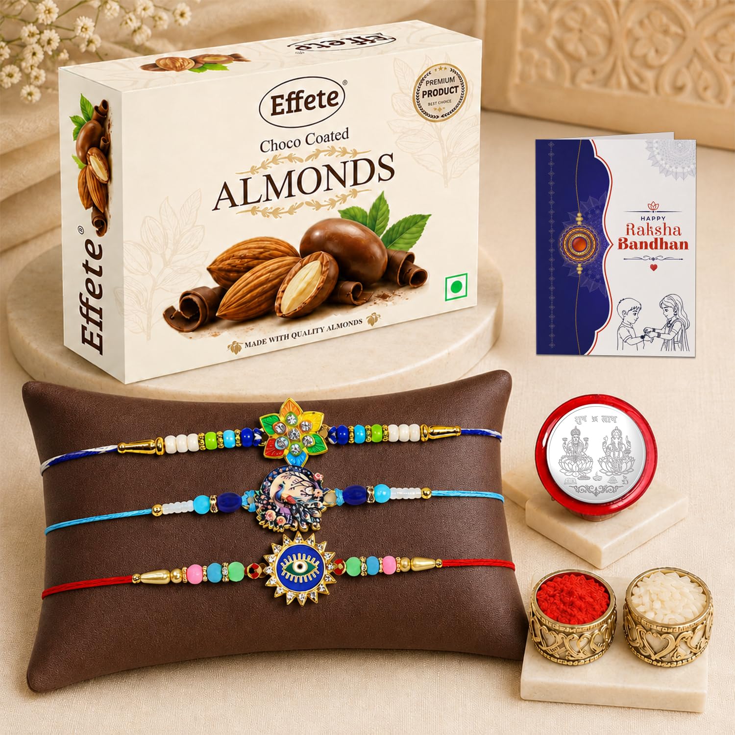 Flower Rakhi for Brother with Choco Almonds 32gm, Roli Tikka & Card, Pack of 7