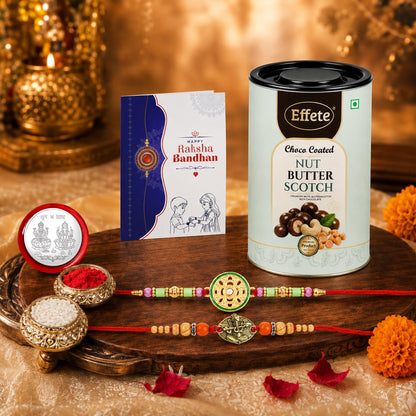Rakhi with Chocolate for Brother (Set of 6) – Raksha Bandhan Festival Celebration Combo with Round Shape & Ganesha Design Rakhi, Chocolate, Roli Chawal, Silver Color Coin & Greeting Card