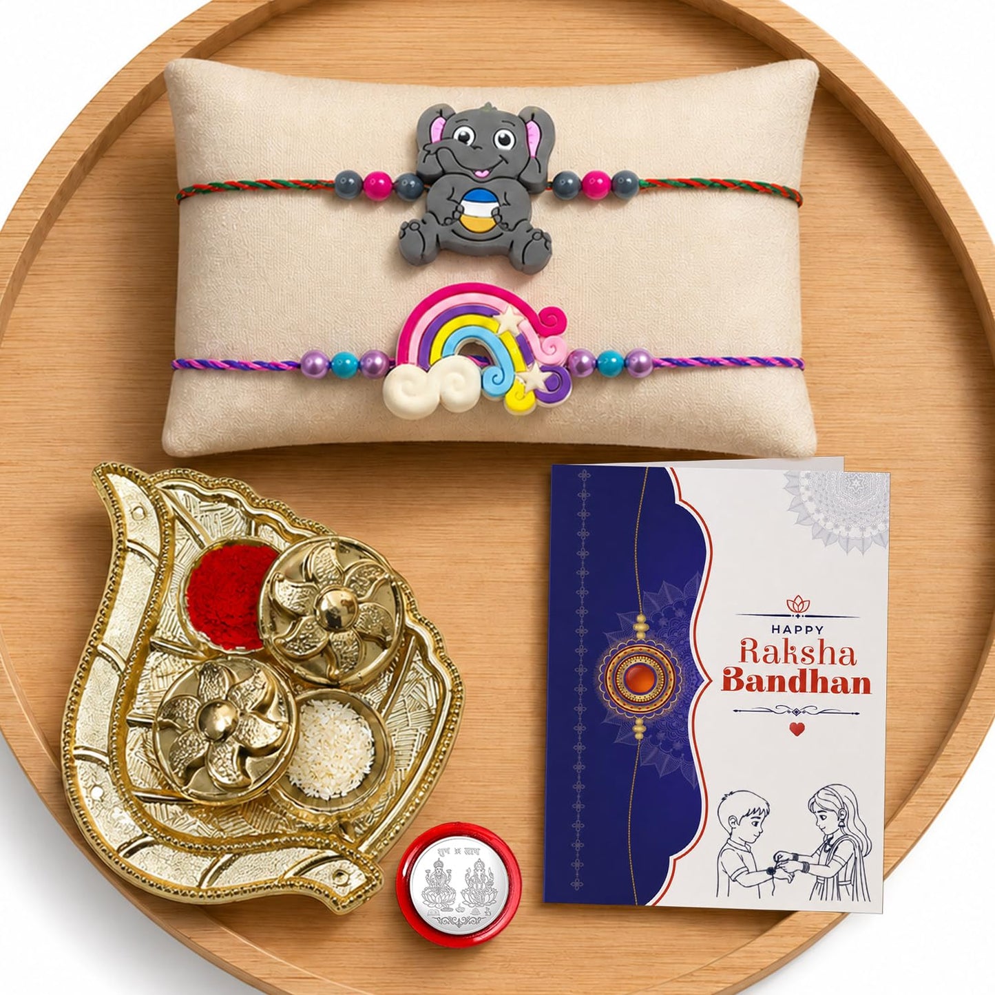 Elephant Rakhi for Brother with Pooja Thali, Roli Tikka & Card, Pack of 6