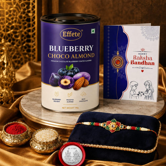 Rakhi with Chocolate for Brother – Raksha Bandhan Combo with Colorful Flower Rakhi, Chocolate, Roli Chawal, Silver Color Coin & Greeting Card – Traditional Festival Celebration (Set of 5)