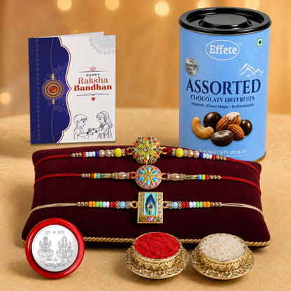Flower Rakhi for Brother with Choco Dryfruits 96gm, Roli Tikka & Card, Pack of 7