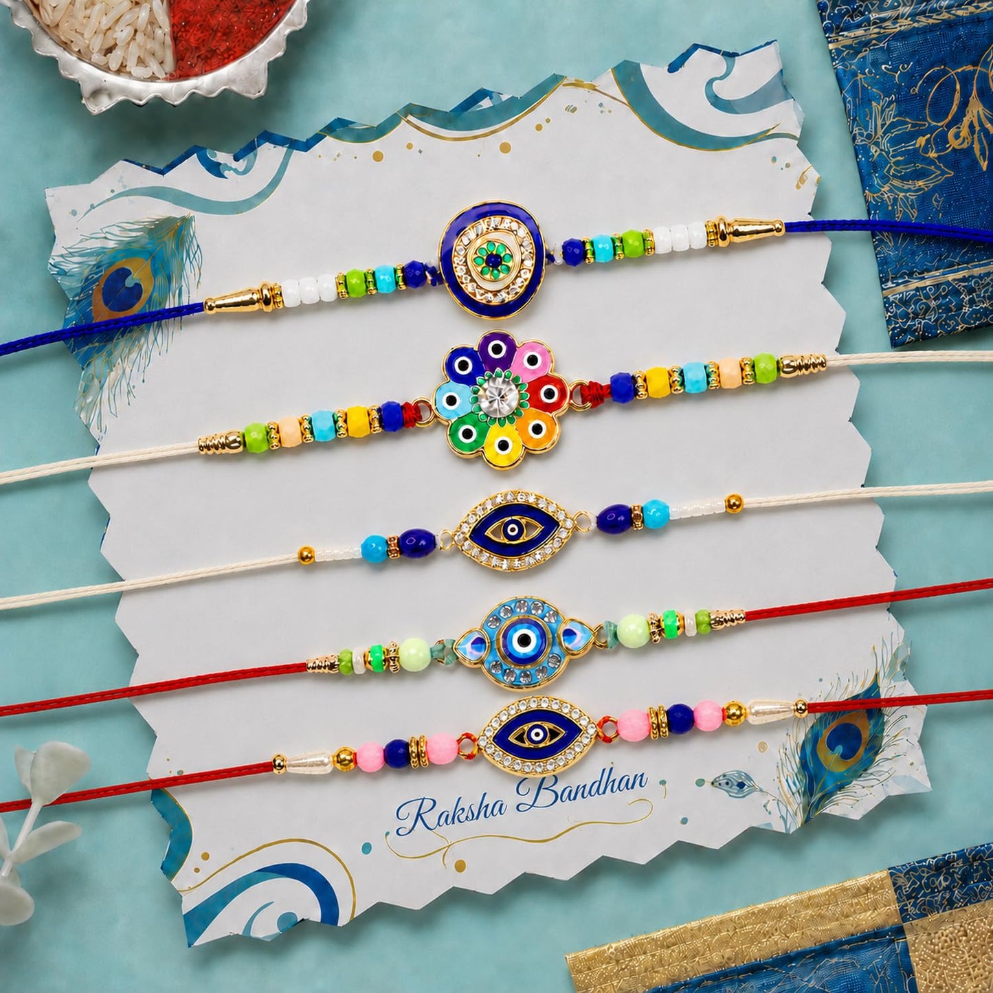 Designer Trendy Rakhi for Brother with Roli Tikka, Pooja Coin & Card, Pack of 8