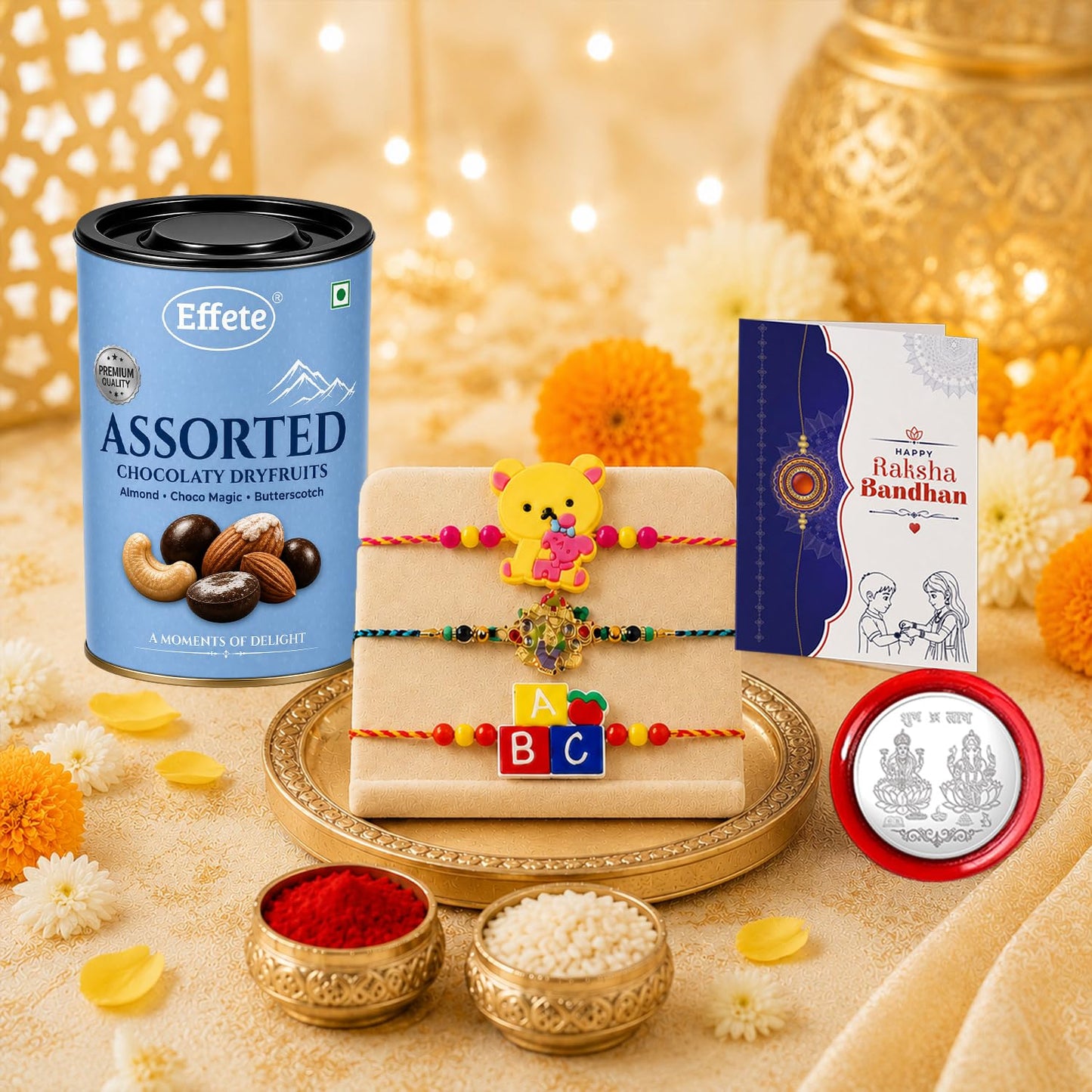 Bear Rakhi for Brother with Choco Dryfruits 96gm, Roli Tikka & Card, Pack of 7